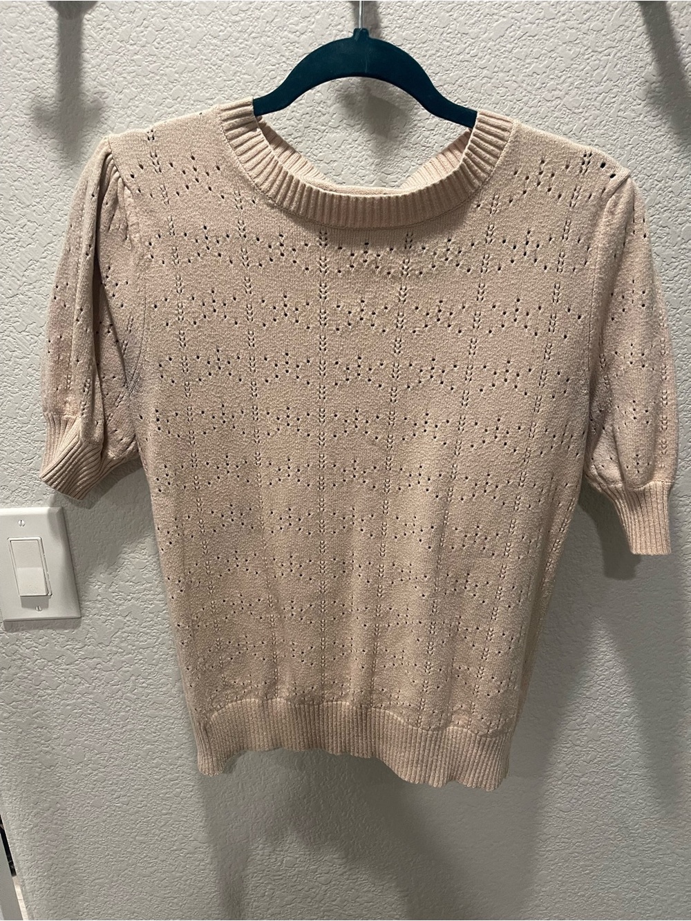 Light Pink Eyelet Knit Short-Sleeve Sweater